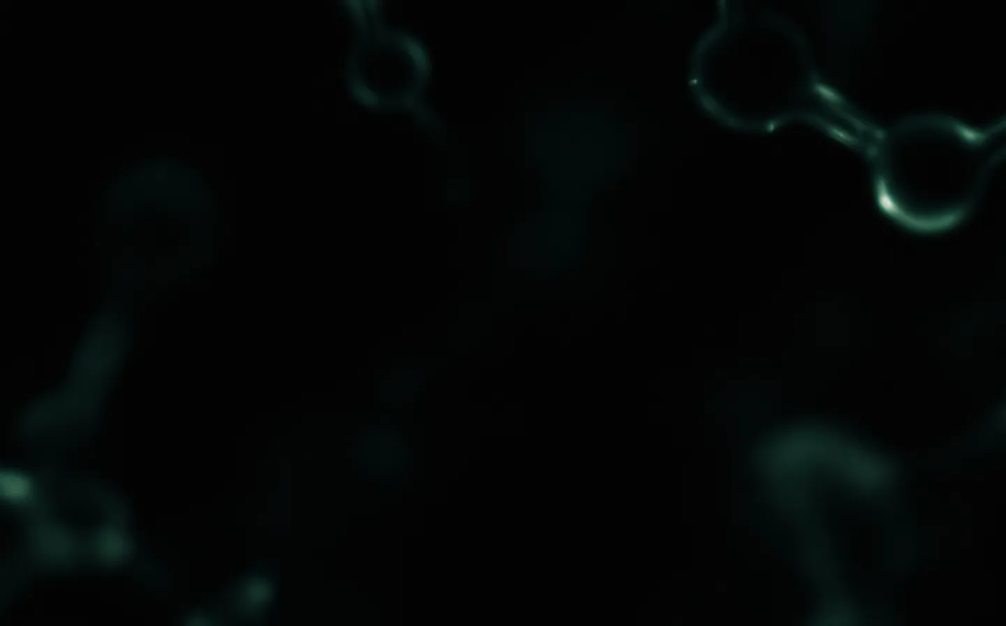 Abstract glowing cyclic peptide ring in forest-to-mint green on a near-black cinematic ground